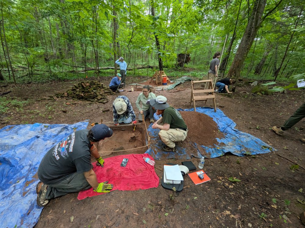 Several students working on excavating an archaeological site